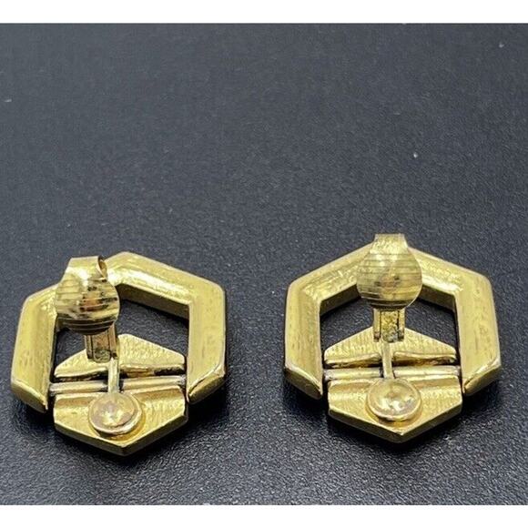 Crown Trifari Vintage Gold Tone Black Enamel Clip On Door Knocker Earrings - Picture 7 of 10